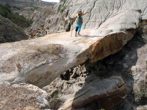 Karen Duquette on the Natural Bridge in Makoshika State Park